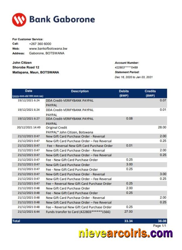 Botswana Bank Gaborone bank statement in Excel and PDF format